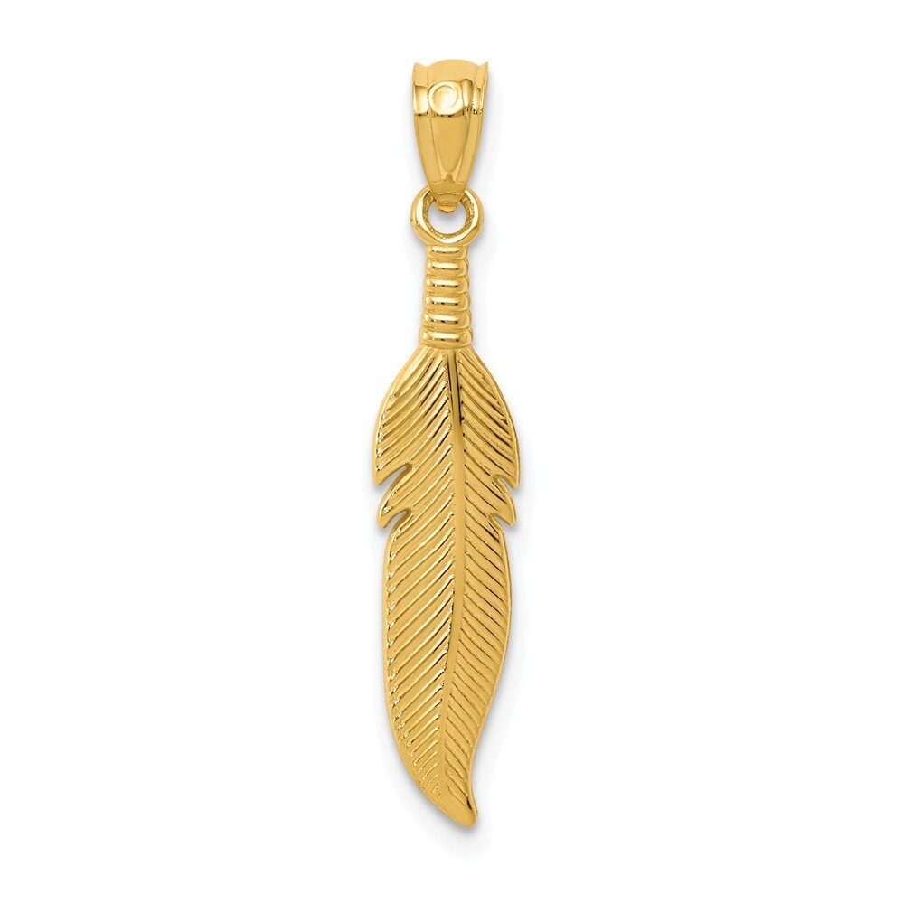 14k Yellow Gold Textured Feather Pendant Necklace - 5mm x 29mm