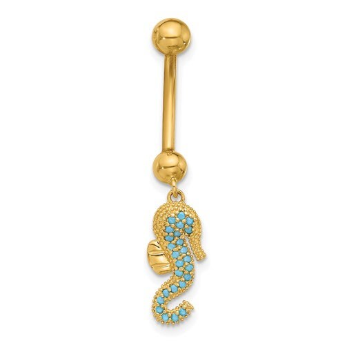 14K Yellow Gold 14G Blue Turquoise Seahorse Dangle Belly Ring