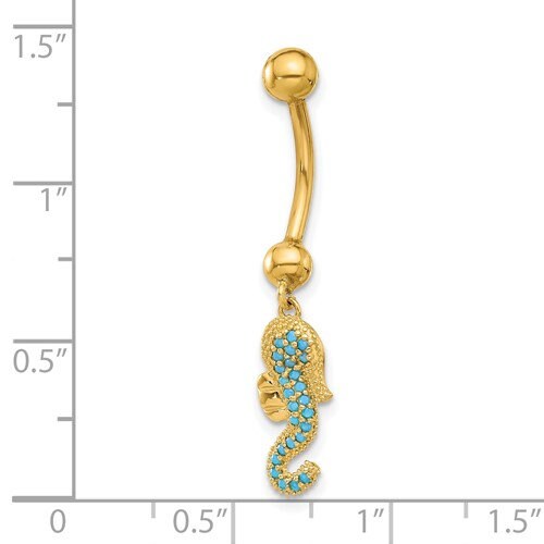 14K Yellow Gold 14G Blue Turquoise Seahorse Dangle Belly Ring