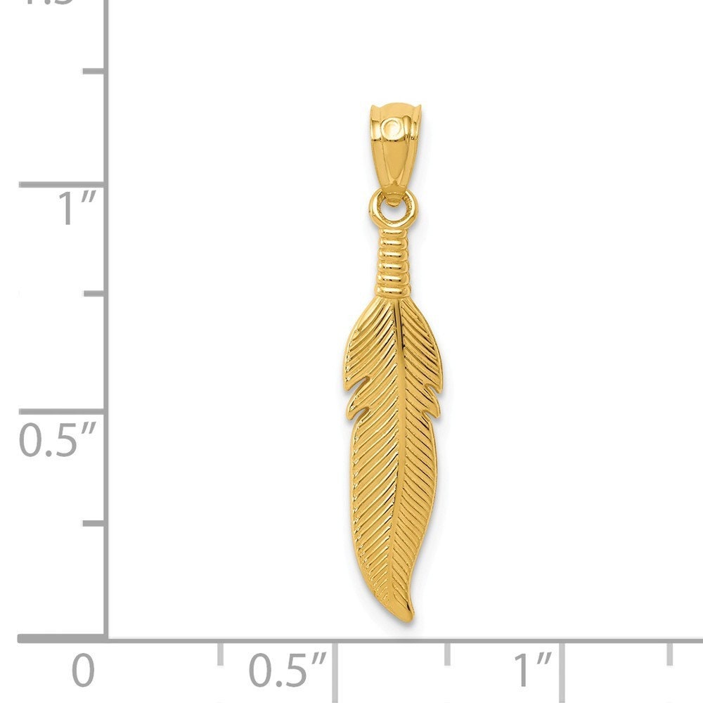 14k Yellow Gold Textured Feather Pendant Necklace - 5mm x 29mm