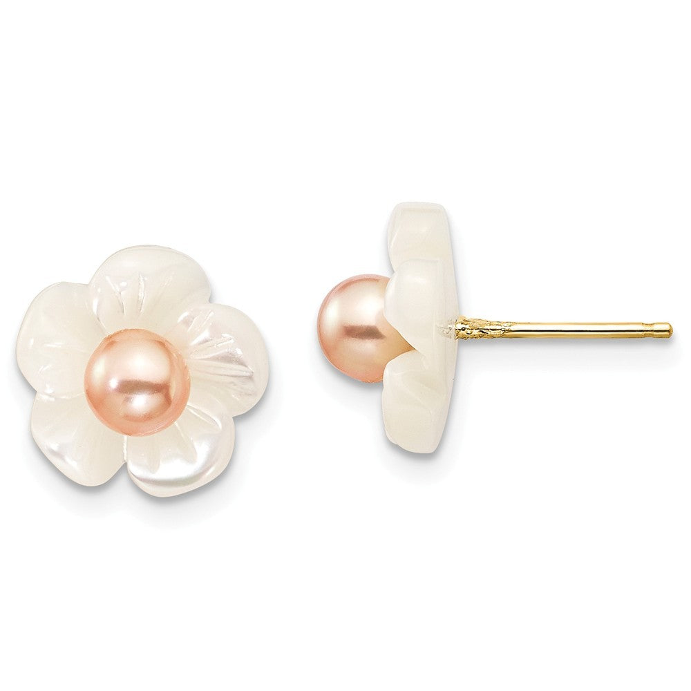 14k Gold Pink Cultured Pearl With Simulated Mother of Pearl Flower 10mm Stud Earrings (3/4mm)