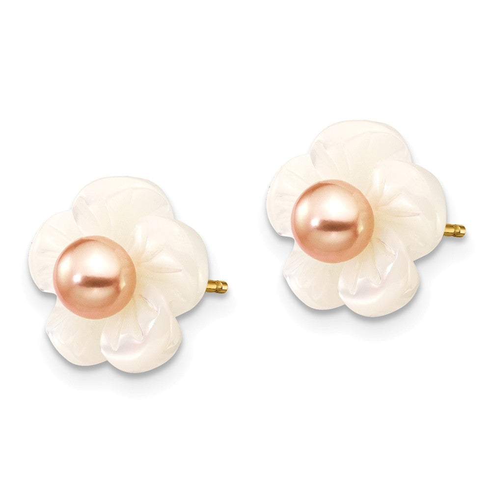 14k Gold Pink Cultured Pearl With Simulated Mother of Pearl Flower 10mm Stud Earrings (3/4mm)