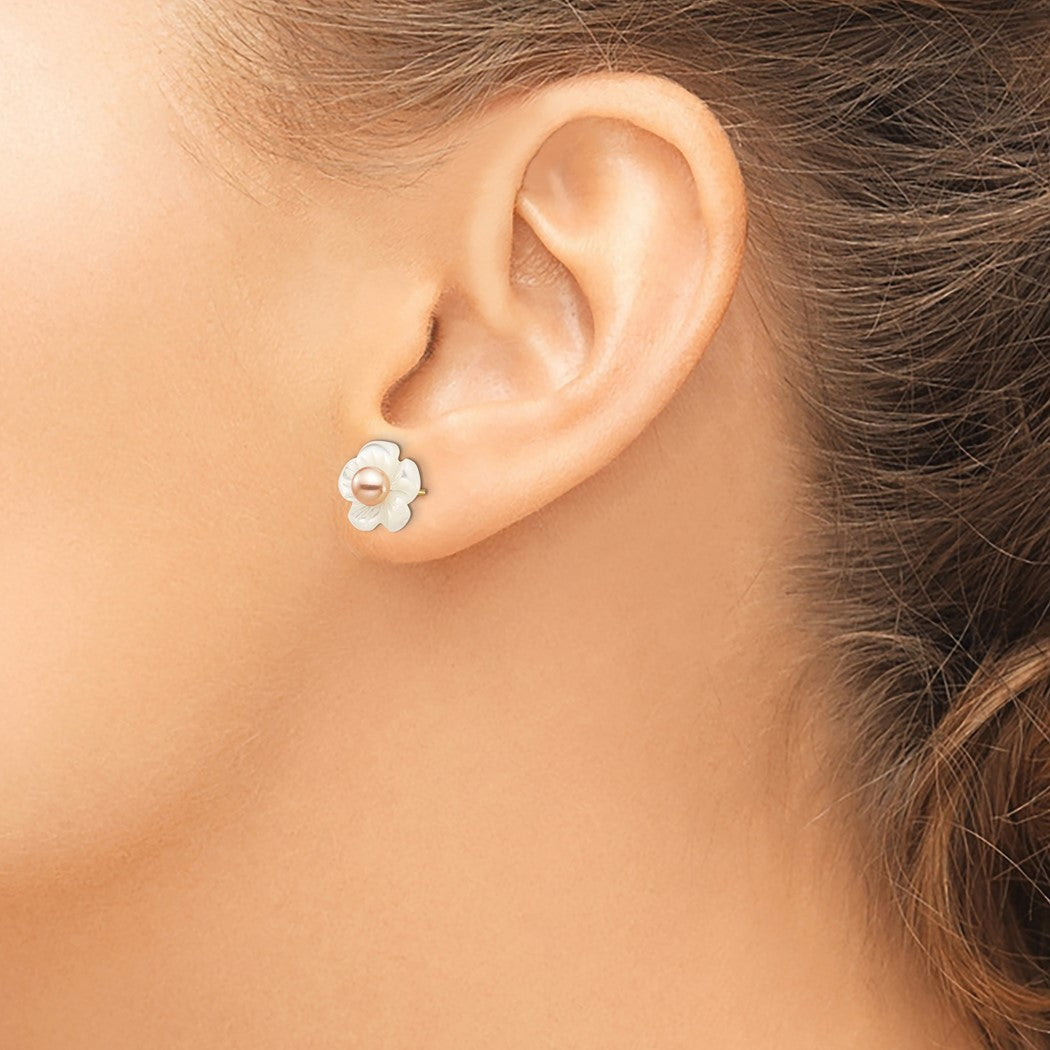 14k Gold Pink Cultured Pearl With Simulated Mother of Pearl Flower 10mm Stud Earrings (3/4mm)