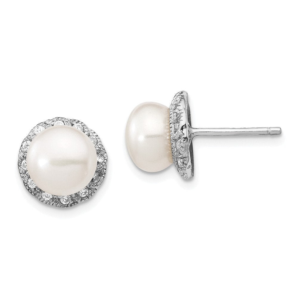 925 Sterling Silver White Freshwater Cultured Pearl CZ Halo 11mm Stud Earrings