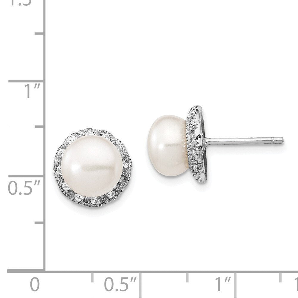 925 Sterling Silver White Freshwater Cultured Pearl CZ Halo 11mm Stud Earrings