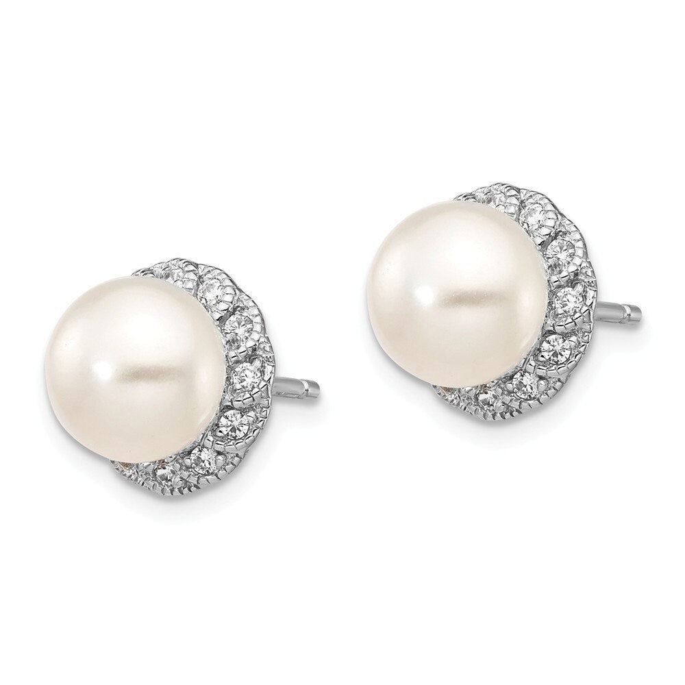 925 Sterling Silver White Freshwater Cultured Pearl CZ Halo 11mm Stud Earrings