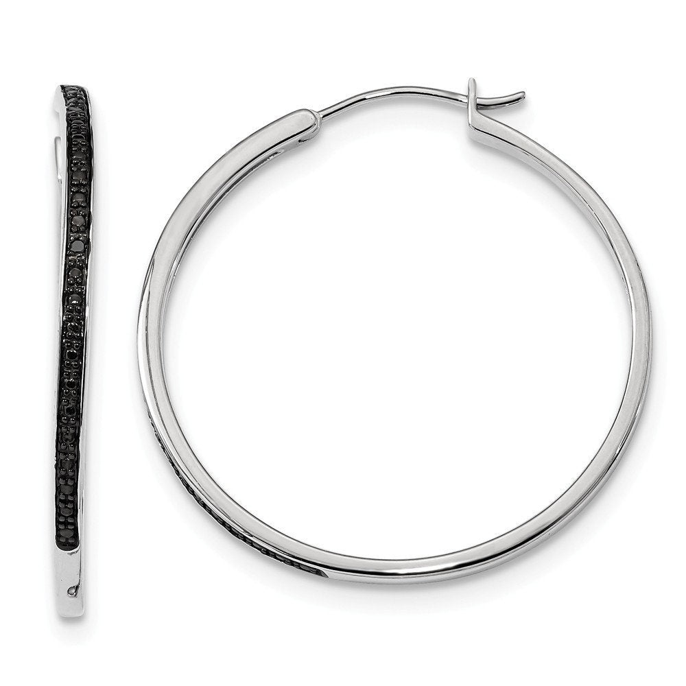 Sterling Silver 2mm Genuine Black Diamond Hoop Earrings - 20mm 30mm 40mm