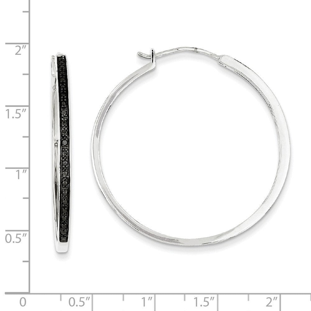 Sterling Silver 2mm Genuine Black Diamond Hoop Earrings - 20mm 30mm 40mm