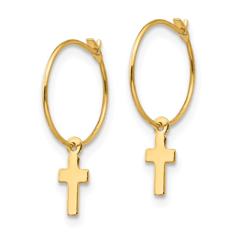 14k Yellow Gold Small Cross Polished Endless 9x9mm Hoop Earrings