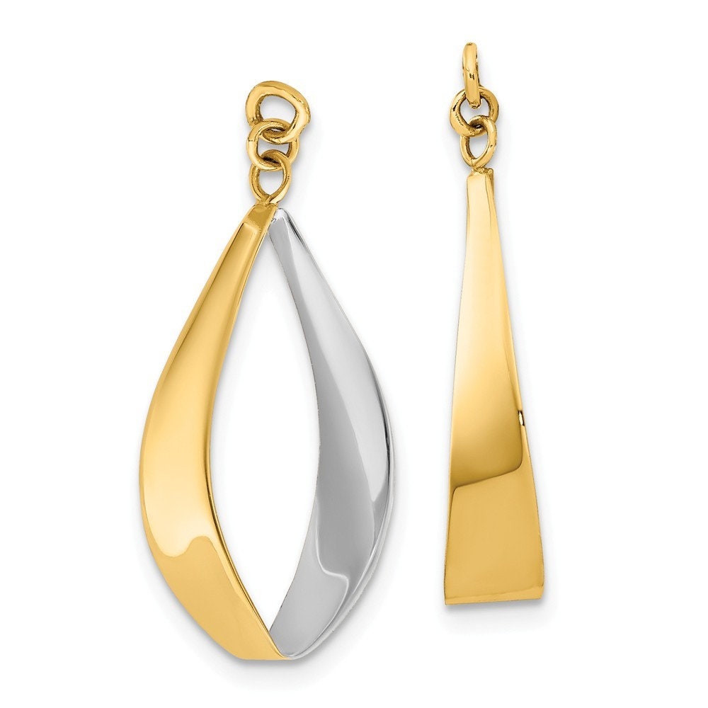 14k Yellow Gold Polished and Rhodium Reversible Long Drop Dangle Earrings Jackets - 24x17mm - Fits up to an 8mm Stud - Earring Jackets Women