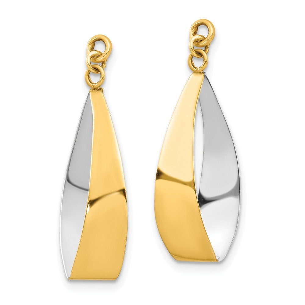 14k Yellow Gold Polished and Rhodium Reversible Long Drop Dangle Earrings Jackets - 24x17mm - Fits up to an 8mm Stud - Earring Jackets Women
