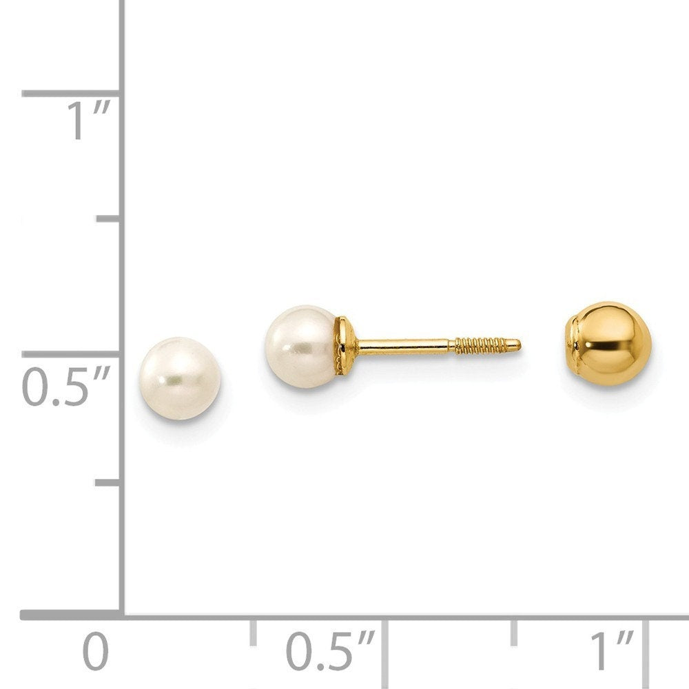 14k Yellow Gold Reversible Freshwater Cultured Pearl and 4mm Ball Screw Back Earrings