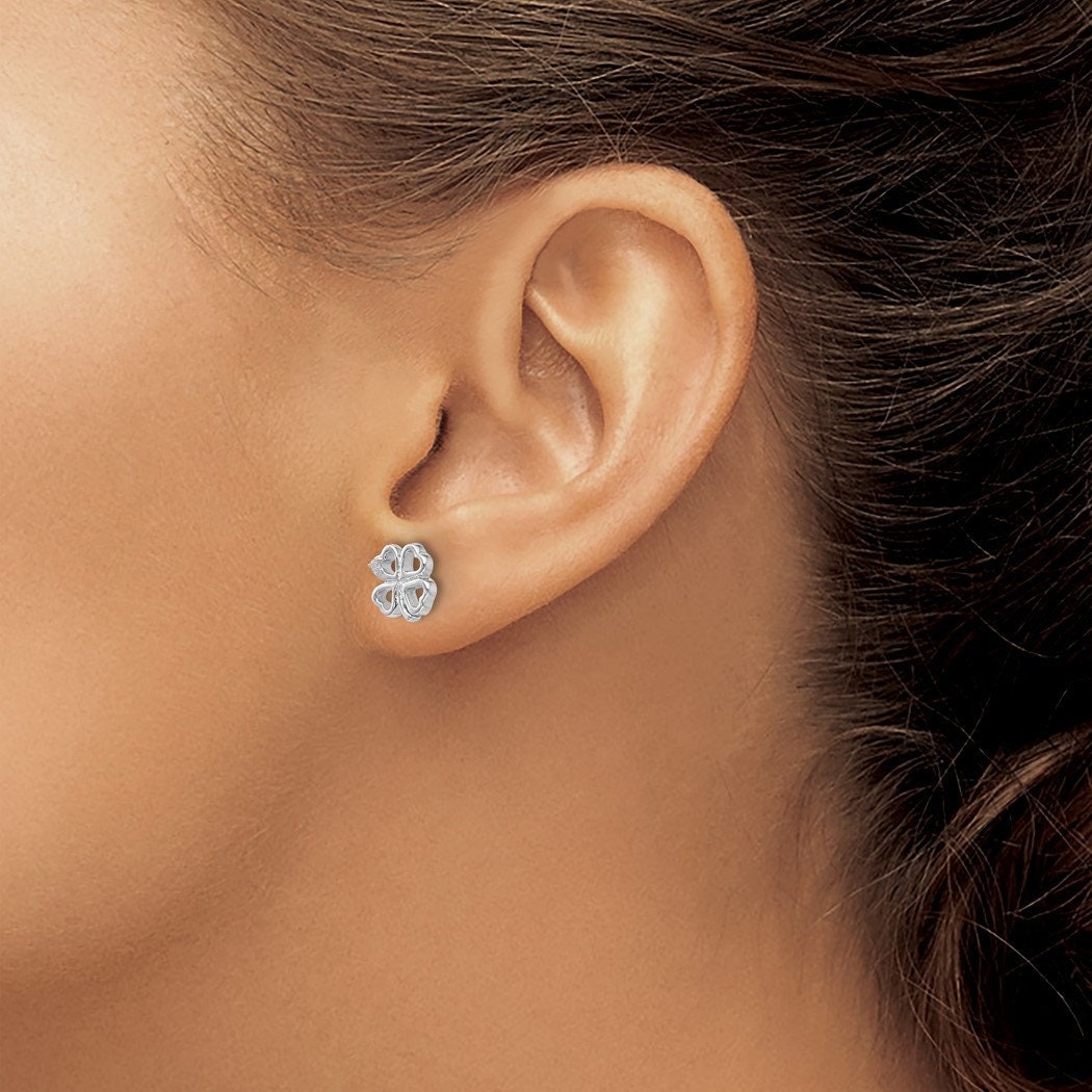 925 Sterling Silver Small 8mm Genuine Diamond Clover Post Earrings