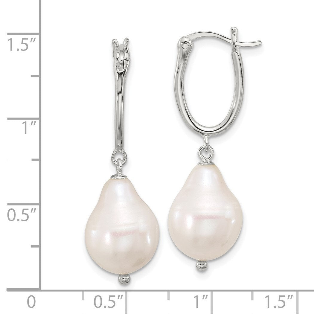 925 Sterling Silver Polished Teardrop Freshwater Cultured Pearl Dangle Hoop Earrings