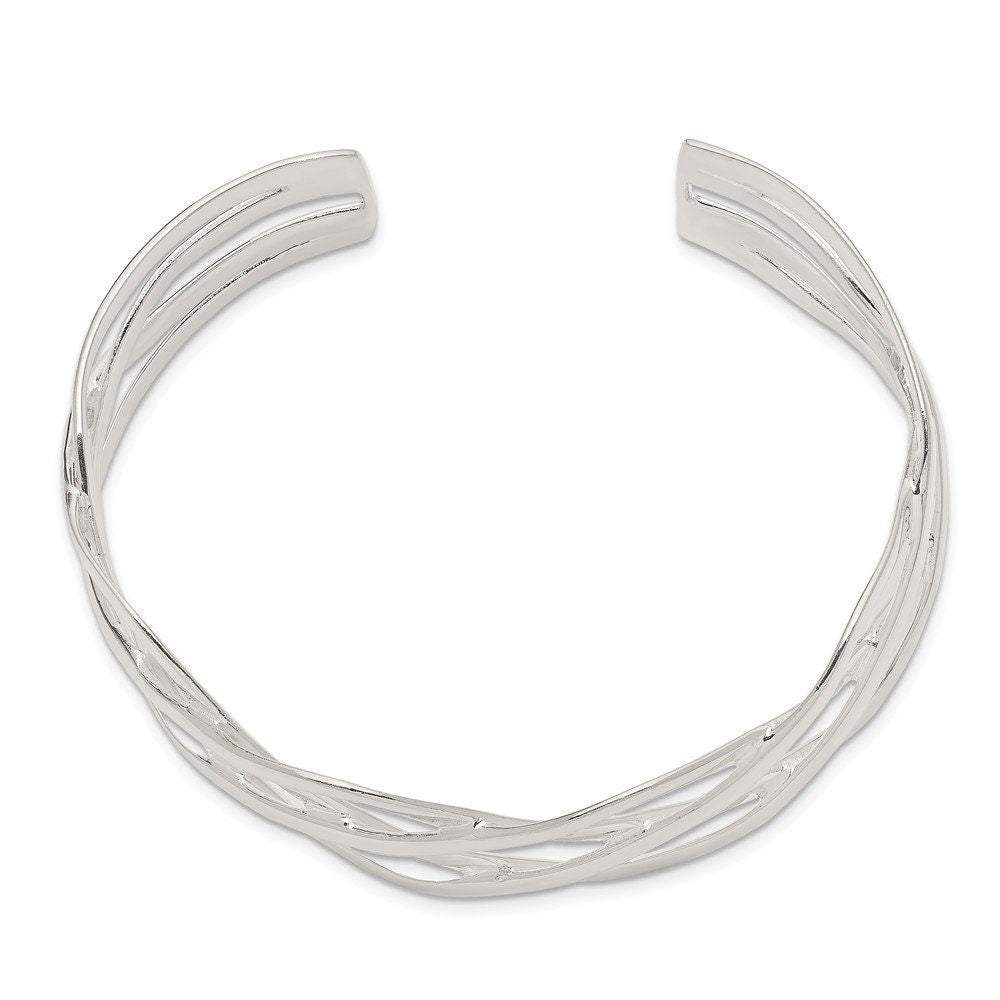 925 Sterling Silver Polished Woven 25mm Cuff Adjustable Bangle Bracelet