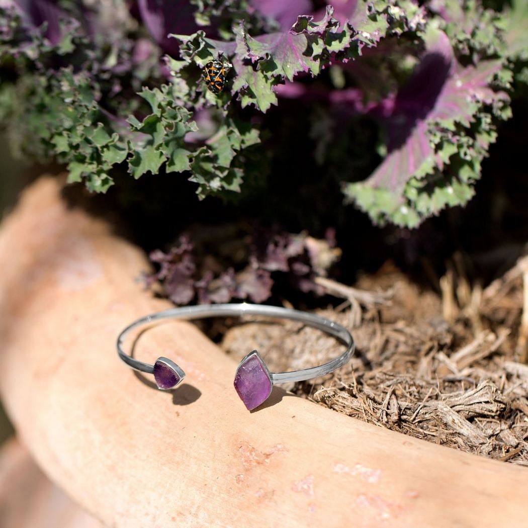 925 Sterling Silver Rough Cut Amethyst Cuff Bracelet