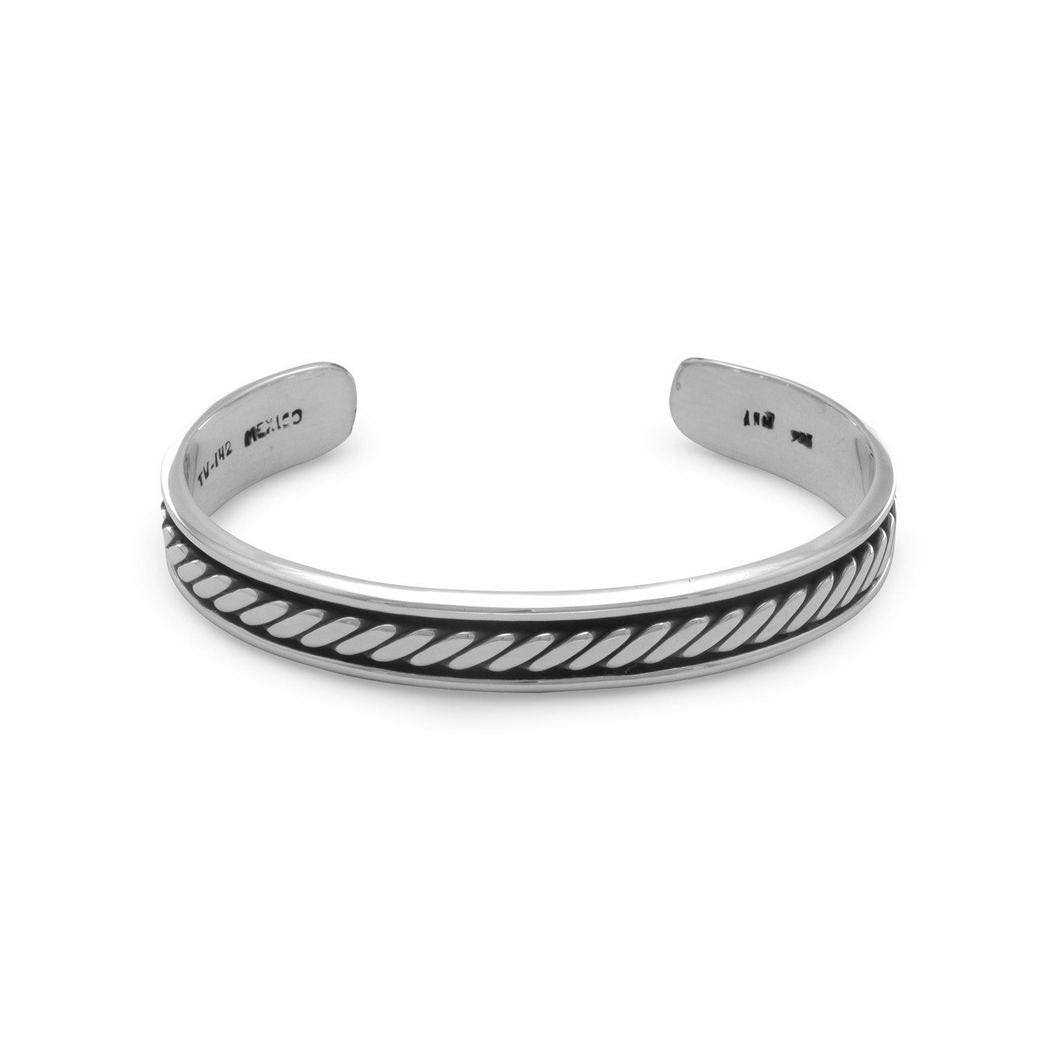 925 Sterling Silver Oxidized Mens 10mm Cuff Bracelet With Rope Design