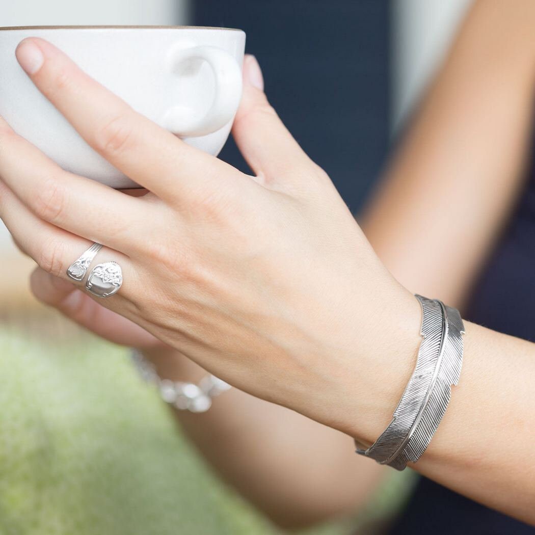 Oxidized 925 Sterling Silver Feather Design Cuff Bracelet