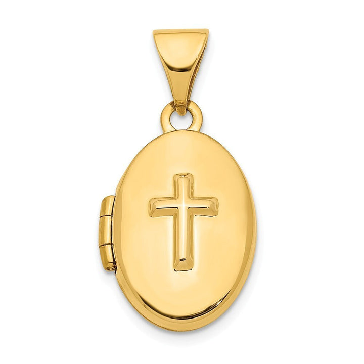 14k Yellow Gold Small 2 Photo Cross Oval Locket Necklace - 10.9mm x 21mm