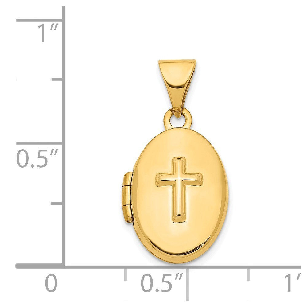 14k Yellow Gold Small 2 Photo Cross Oval Locket Necklace - 10.9mm x 21mm