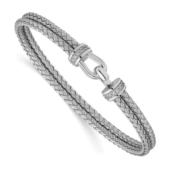 925 Sterling Silver Bali Horseshoe Lock Woven Cubic Zirconia Flexible Bangle Bracelet