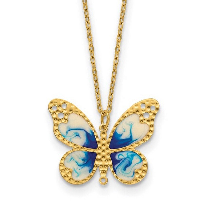 14k Yellow Gold 18" Italian Blue Enamel Textured Butterfly Necklace - peace gift for her - Butterfly Necklace