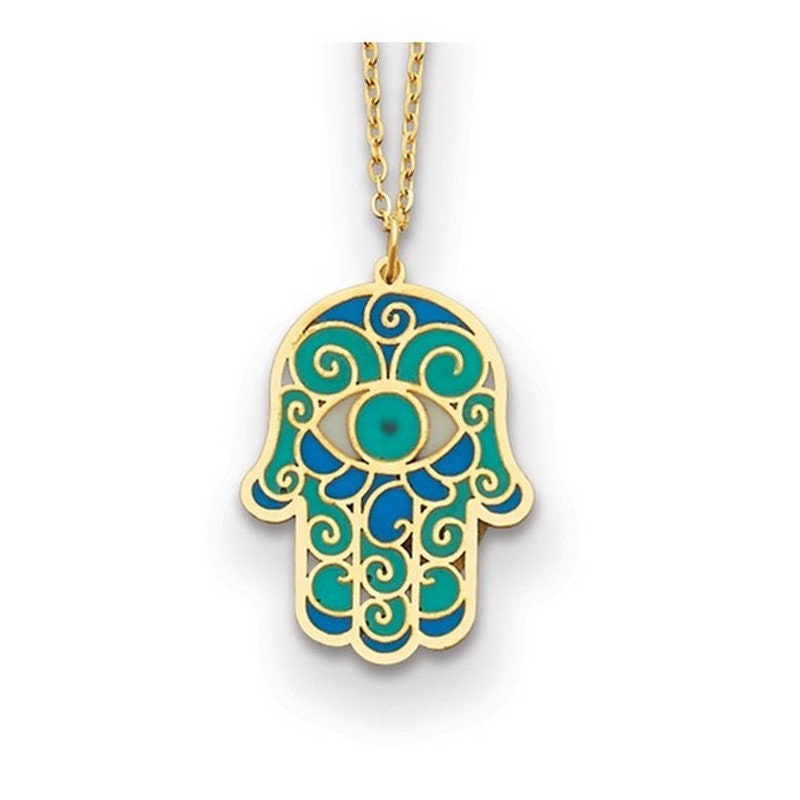 14k Yellow Gold 18" Italian Blue Green Enamel Evil Eye Hamsa Necklace - Religious gift for her - Evil Eye Necklace - Hand of Fatima
