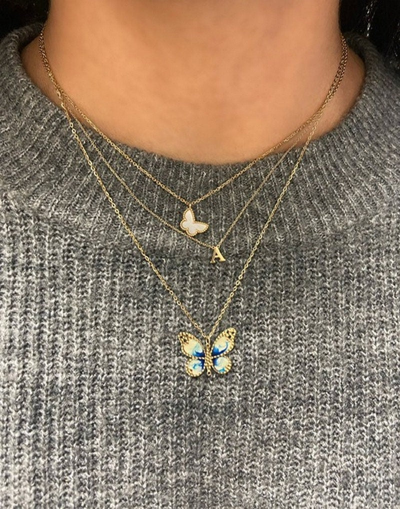 14k Yellow Gold 18" Italian Blue Enamel Textured Butterfly Necklace - peace gift for her - Butterfly Necklace