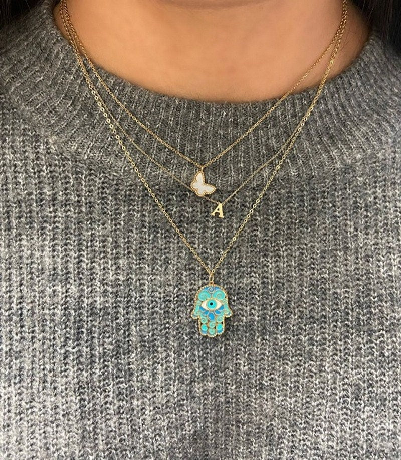 14k Yellow Gold 18" Italian Blue Green Enamel Evil Eye Hamsa Necklace - Religious gift for her - Evil Eye Necklace - Hand of Fatima