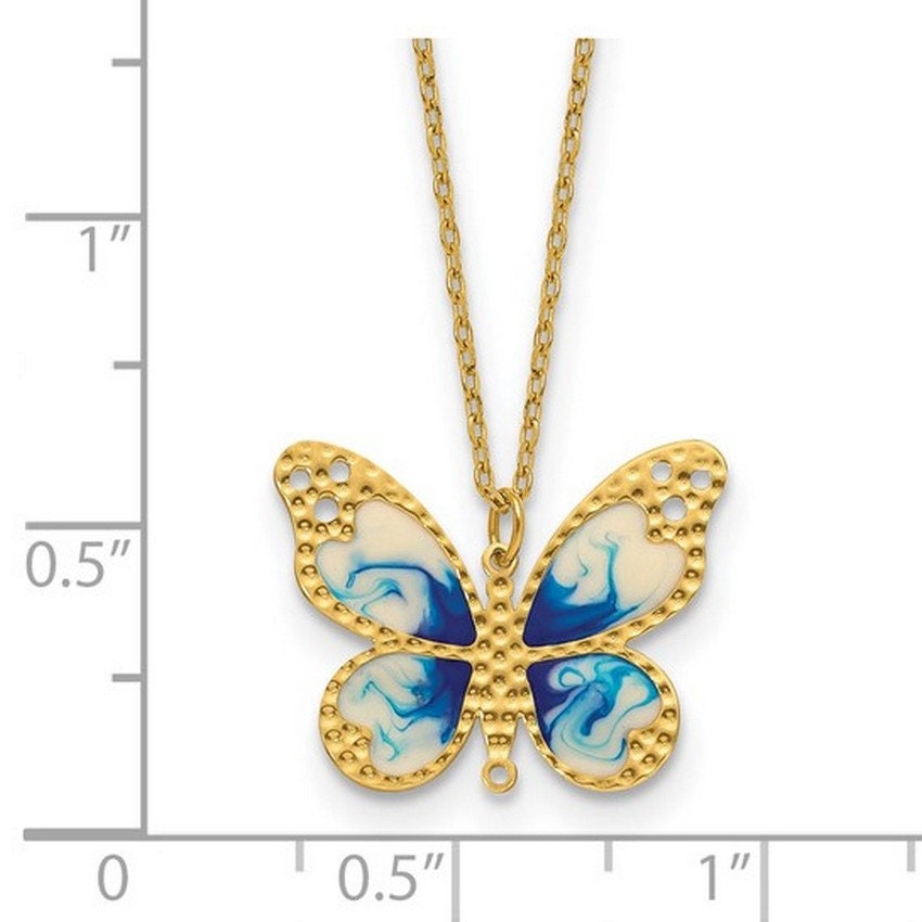 14k Yellow Gold 18" Italian Blue Enamel Textured Butterfly Necklace - peace gift for her - Butterfly Necklace