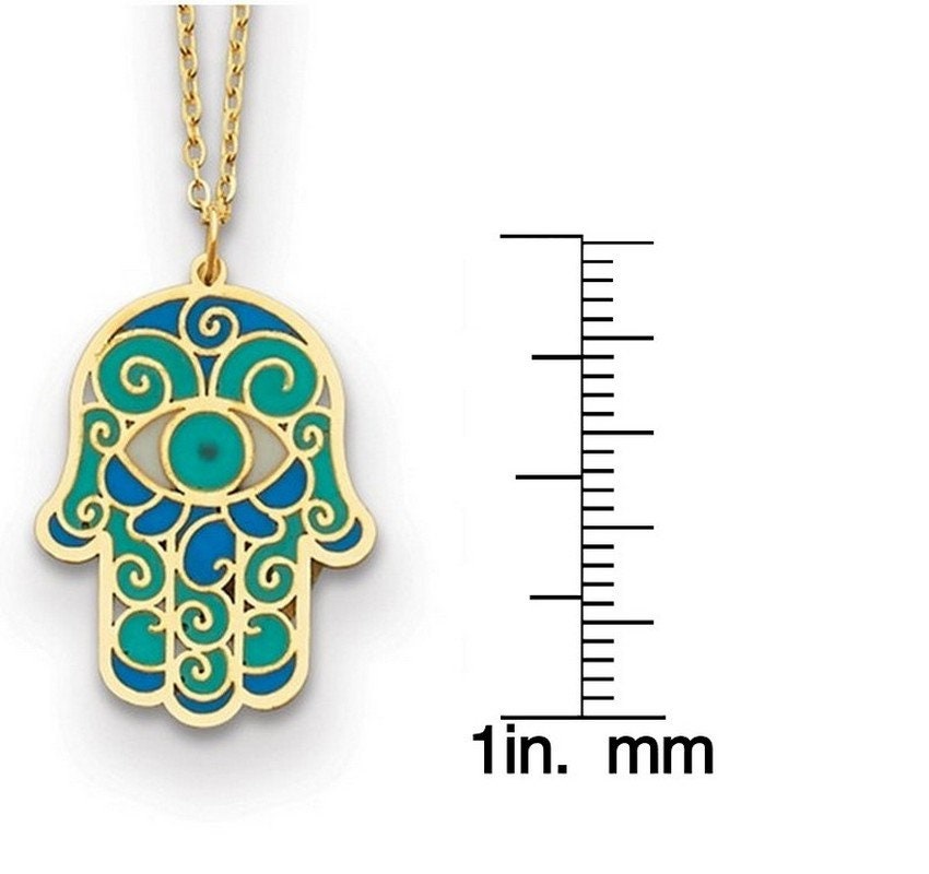 14k Yellow Gold 18" Italian Blue Green Enamel Evil Eye Hamsa Necklace - Religious gift for her - Evil Eye Necklace - Hand of Fatima
