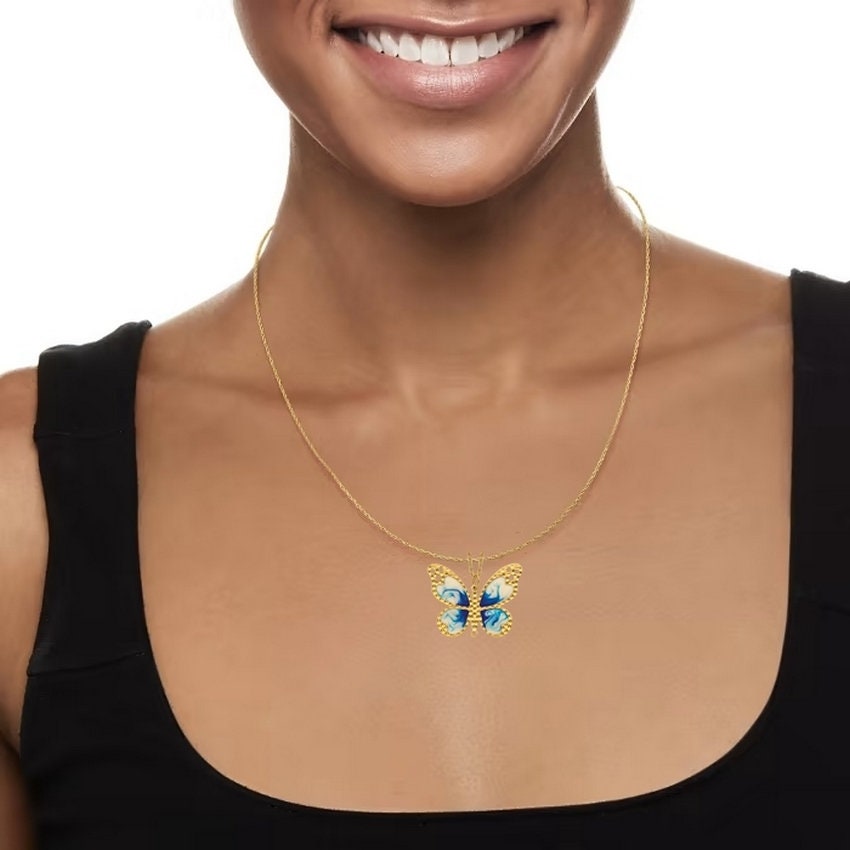14k Yellow Gold 18" Italian Blue Enamel Textured Butterfly Necklace - peace gift for her - Butterfly Necklace