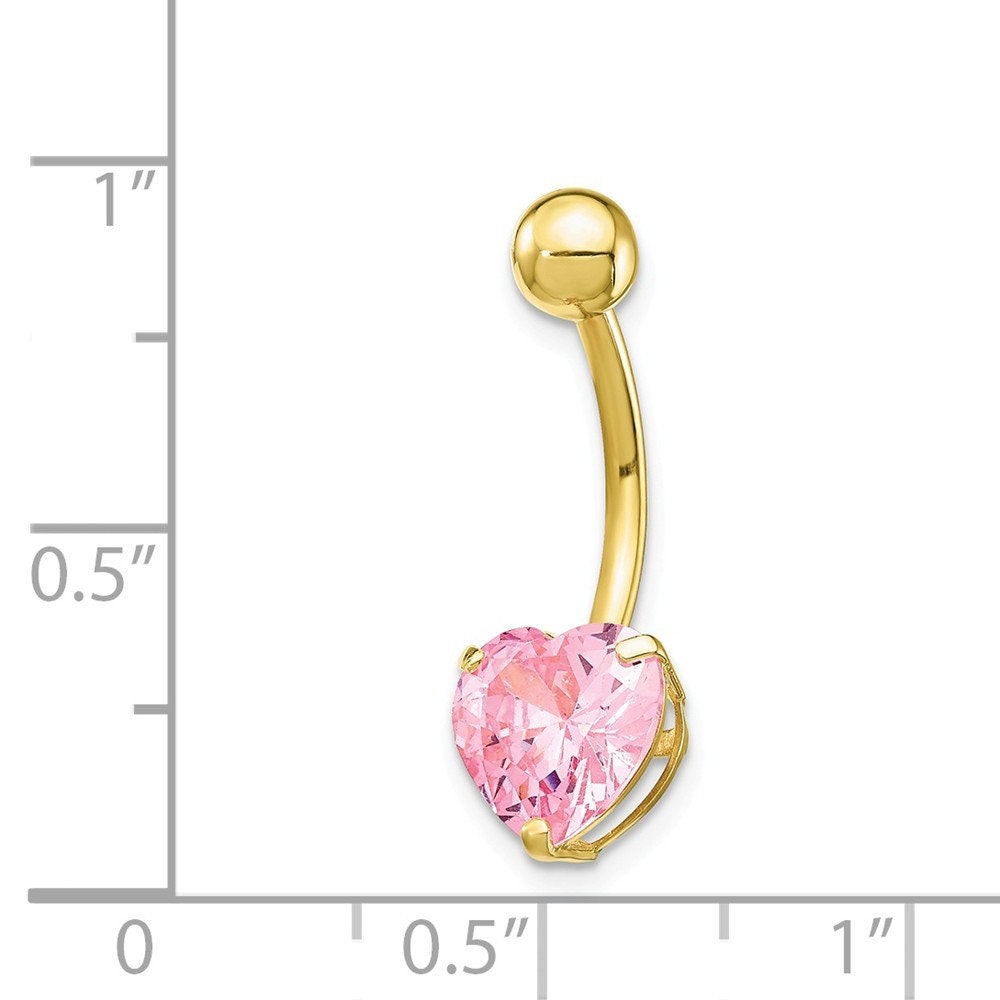 10k Yellow Gold Pink Cubic Zirconia Heart Dangle Belly Ring - 8mm