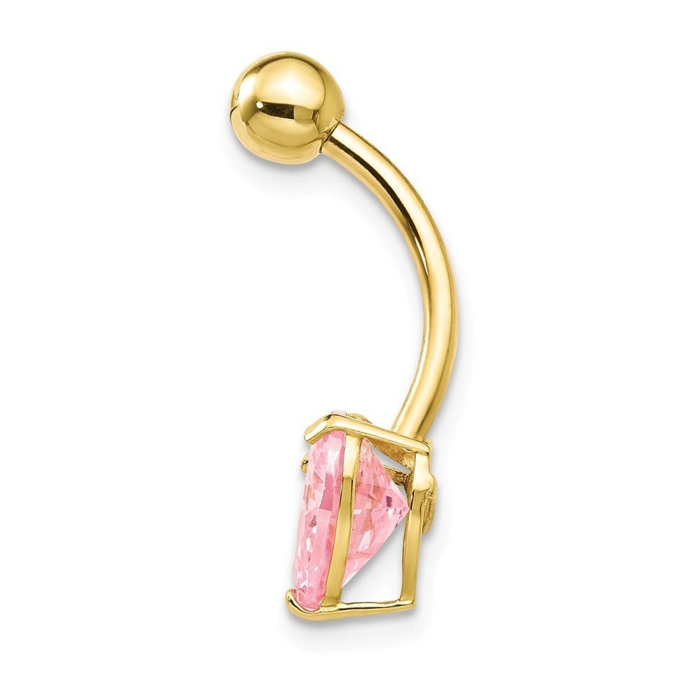 10k Yellow Gold Pink Cubic Zirconia Heart Dangle Belly Ring - 8mm