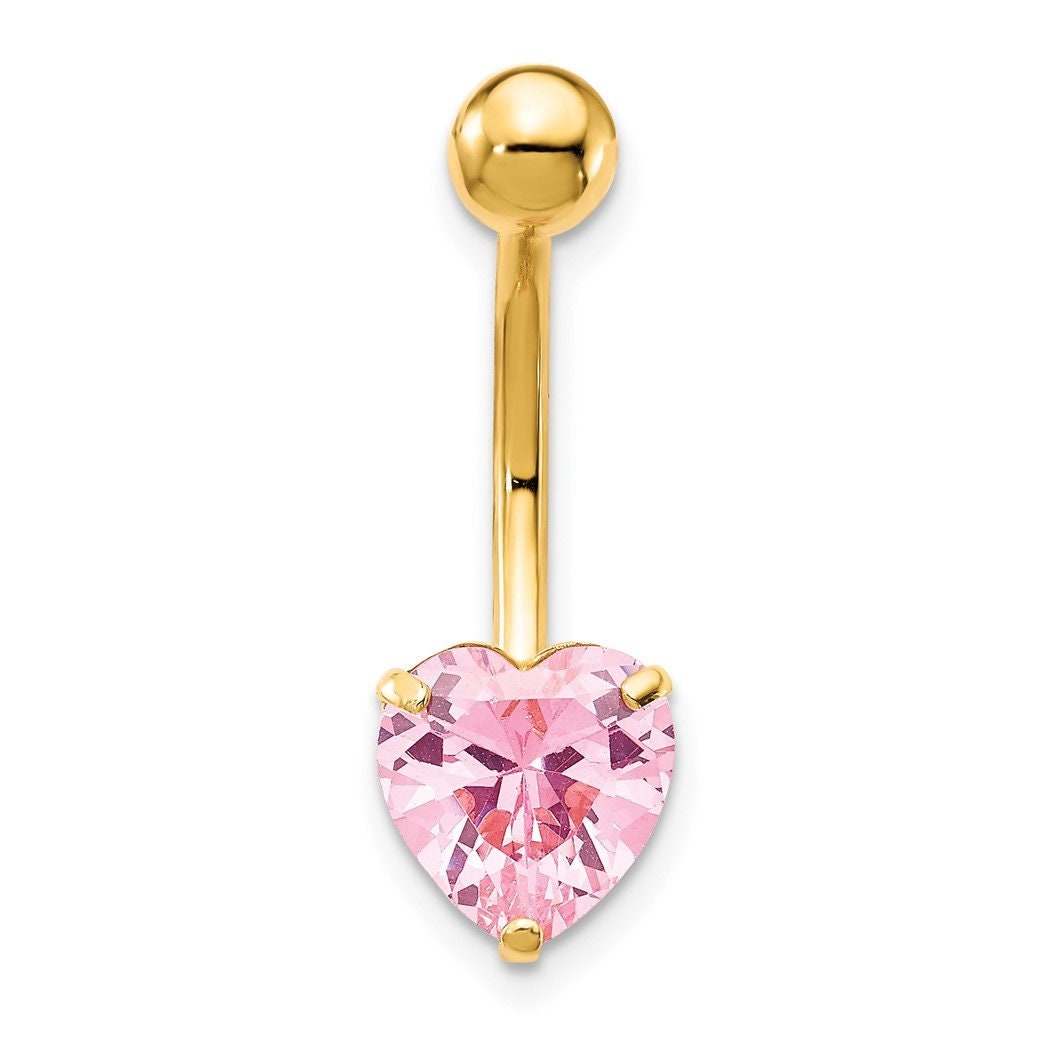 10k Yellow Gold Pink Cubic Zirconia Heart Dangle Belly Ring - 8mm