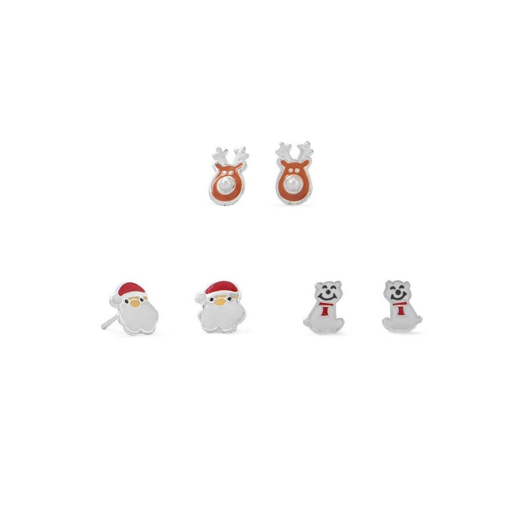 925 Sterling Silver Santa Reindeer and Polar Bear Earring Set -Christmas Earrings for Girls - Simulated Pearl