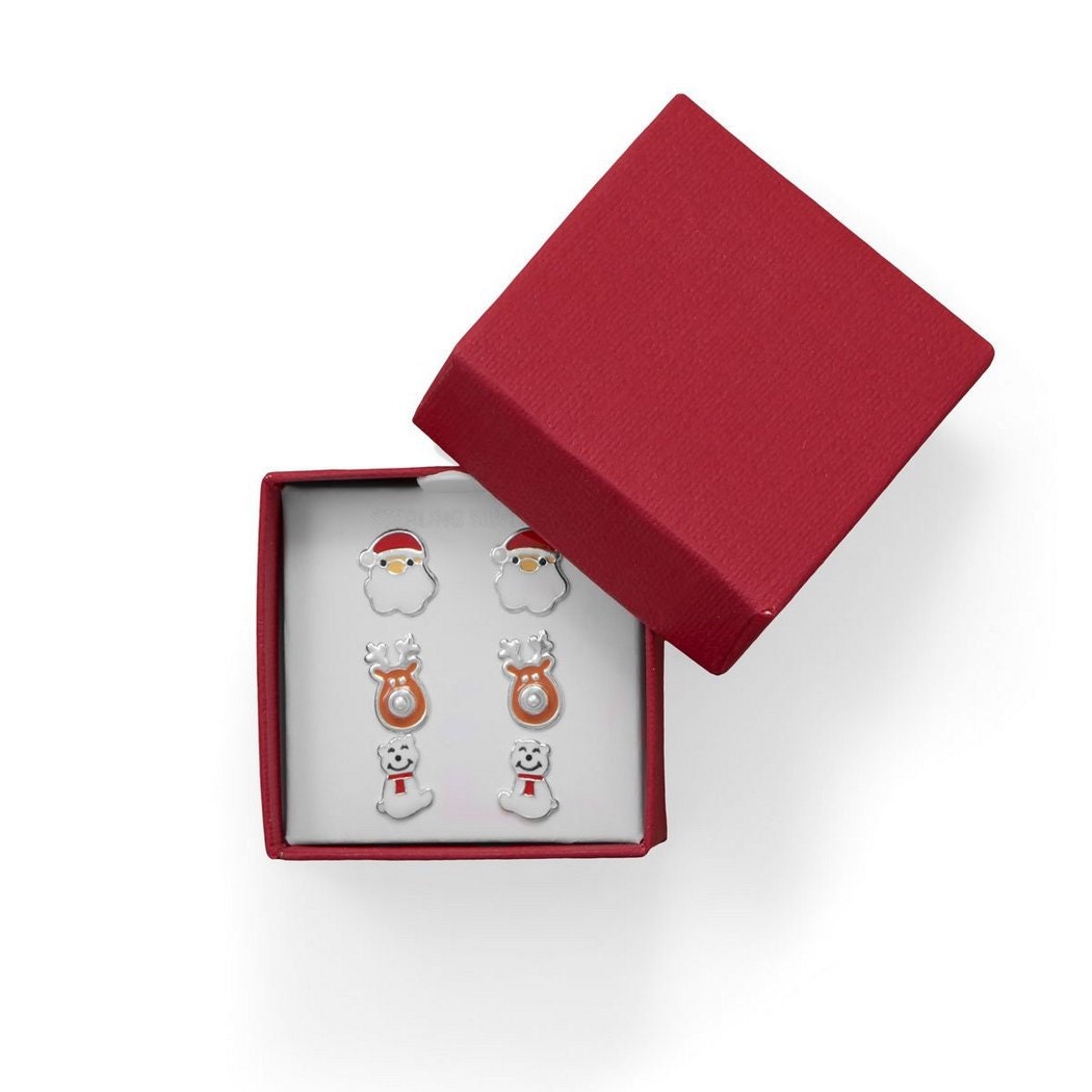 925 Sterling Silver Santa Reindeer and Polar Bear Earring Set -Christmas Earrings for Girls - Simulated Pearl