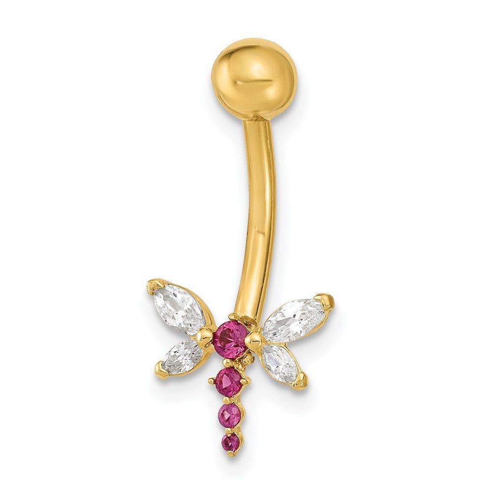 14k Yellow Gold 14G Dragonfly Red Cubic Zirconia Belly Navel Ring