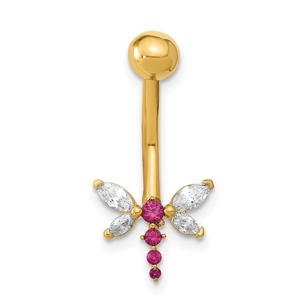 14k Yellow Gold 14G Dragonfly Red Cubic Zirconia Belly Navel Ring