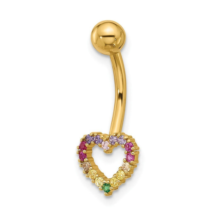 14k Yellow Gold 14g Rainbow Cubic Zirconia Heart Belly Navel Ring - 23.5mm - Heart Belly Ring - Hypoallergenic