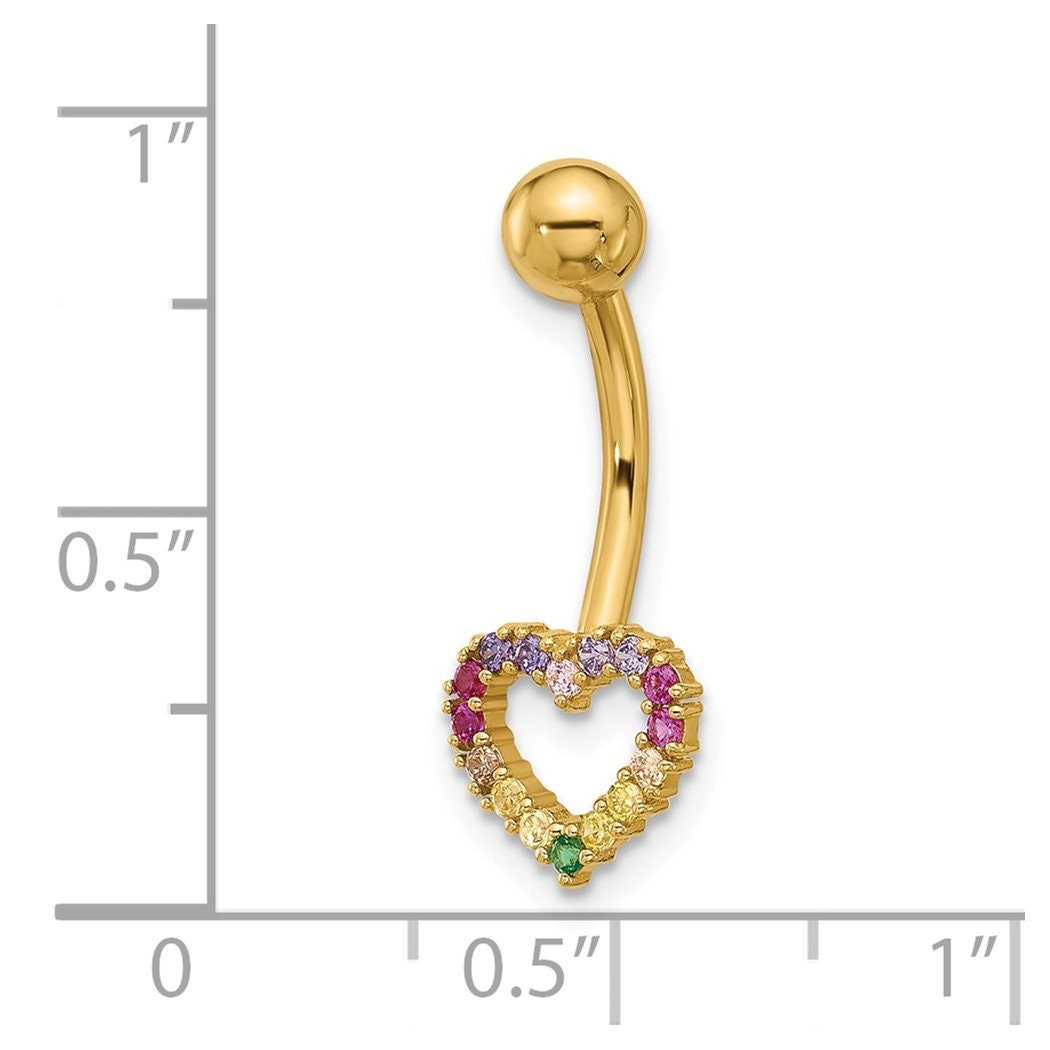 14k Yellow Gold 14g Rainbow Cubic Zirconia Heart Belly Navel Ring - 23.5mm - Heart Belly Ring - Hypoallergenic