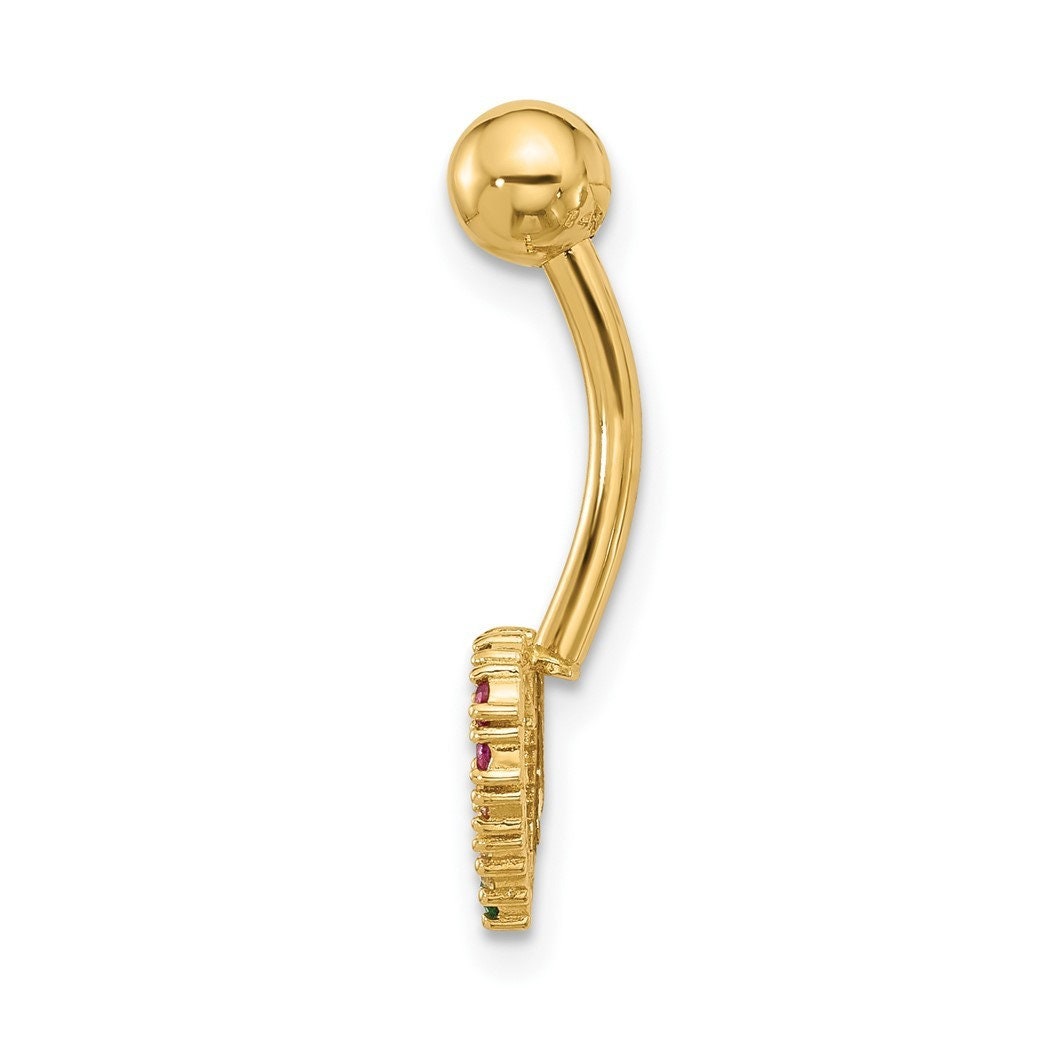14k Yellow Gold 14g Rainbow Cubic Zirconia Heart Belly Navel Ring - 23.5mm - Heart Belly Ring - Hypoallergenic