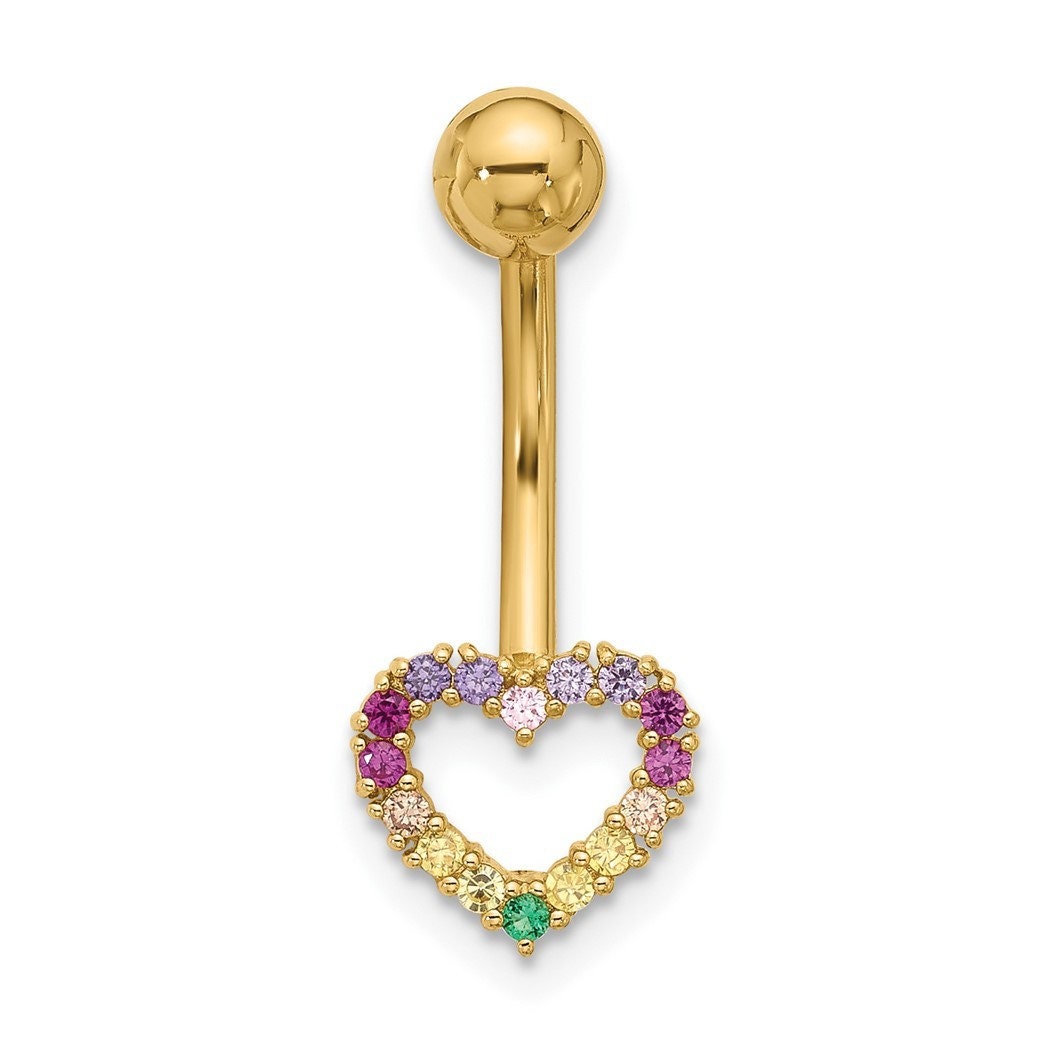14k Yellow Gold 14g Rainbow Cubic Zirconia Heart Belly Navel Ring - 23.5mm - Heart Belly Ring - Hypoallergenic