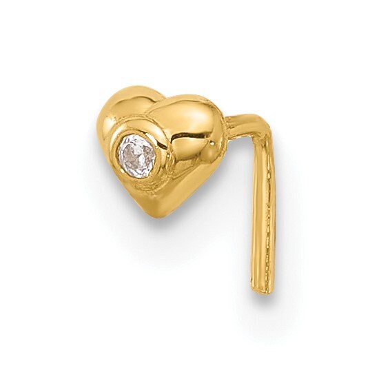 14k Yellow Gold 22G  Cubic Zirconia Heart Nose Stud Ring