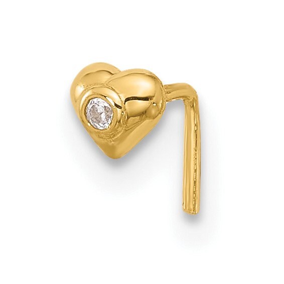 14k Yellow Gold 22G  Cubic Zirconia Heart Nose Stud Ring - 3.7mm