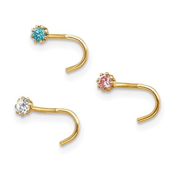 10k Yellow Gold Set Of 3 Pink, Blue and Clear Cubic Zirconia Nose Studs