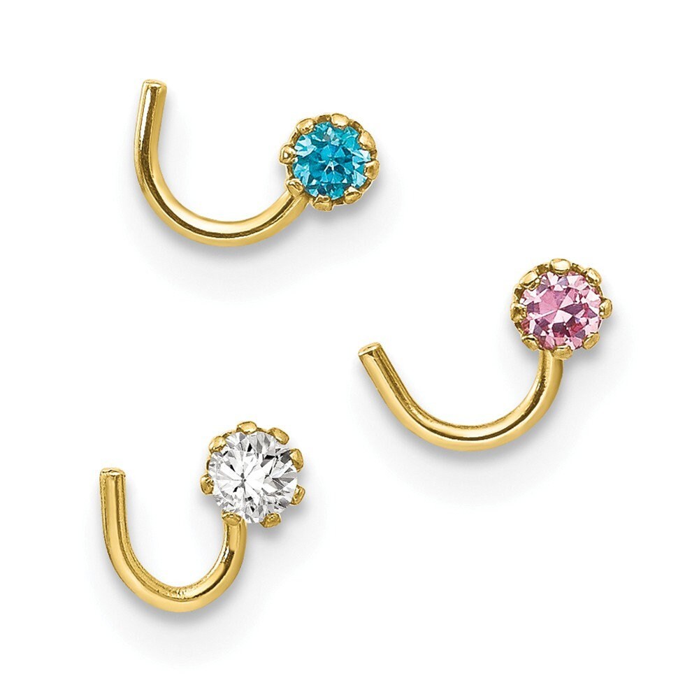 10k Yellow Gold Set Of 3 Pink, Blue and Clear Cubic Zirconia Nose Studs