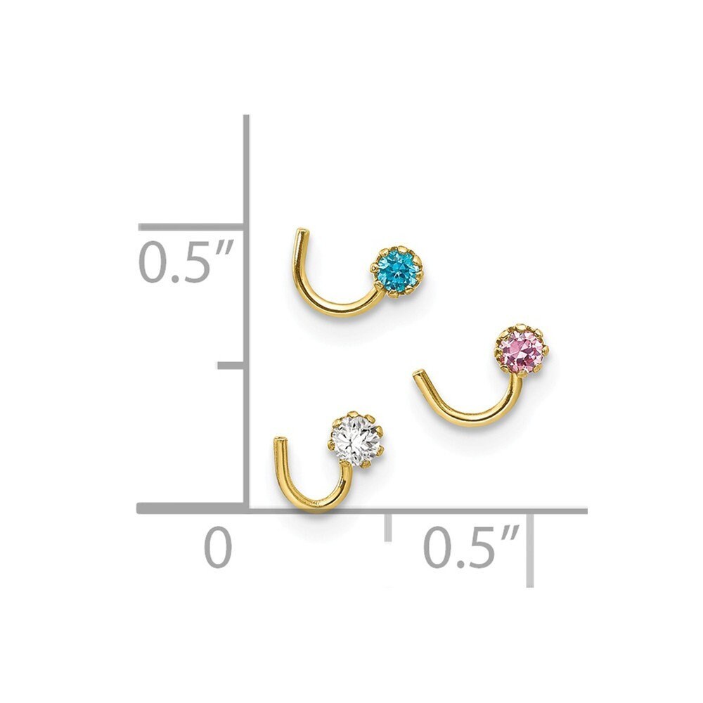 10k Yellow Gold Set Of 3 Pink, Blue and Clear Cubic Zirconia Nose Studs