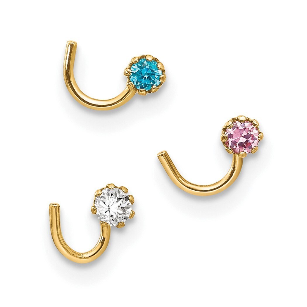 10k Yellow Gold Set Of 3 Pink, Blue and Clear Cubic Zirconia Nose Studs