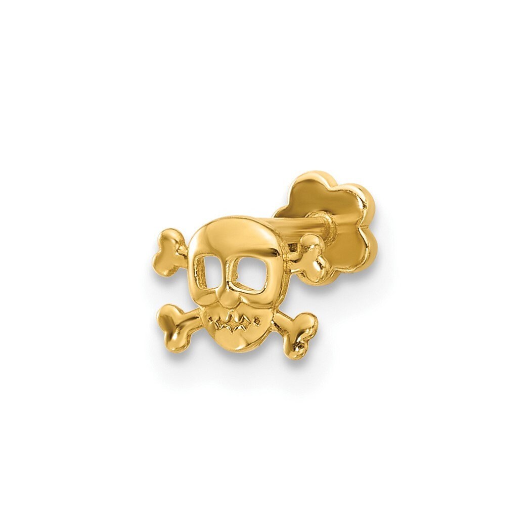 14k Yellow Gold 18G Skull and Bones Cartilage Earring Flat Back Piercing - 6.5mm x5mm - Single Stud - Hypoallergenic